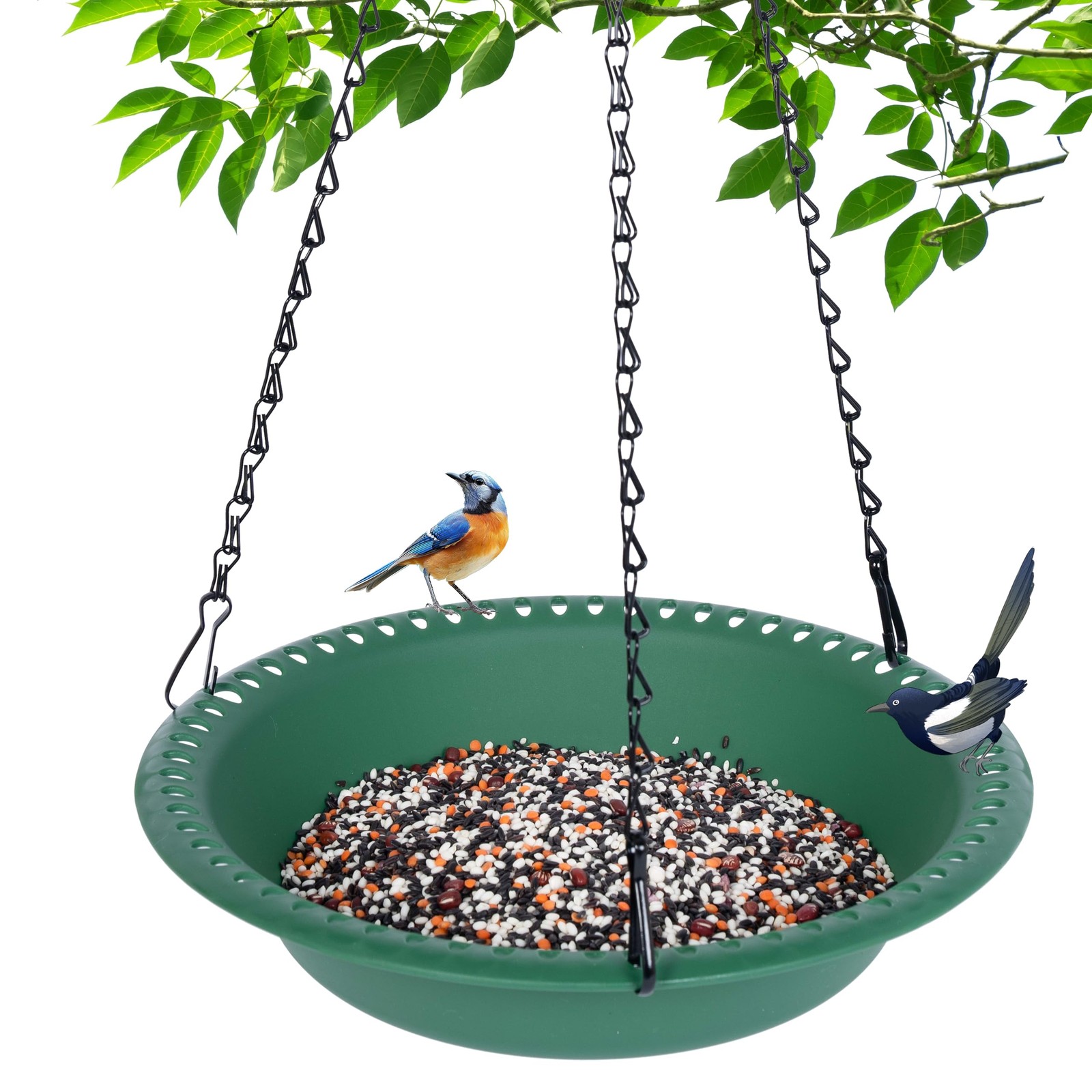 Hanging Bird Feeder Tray with Drainage Holes for Outside, 10 inch, Green