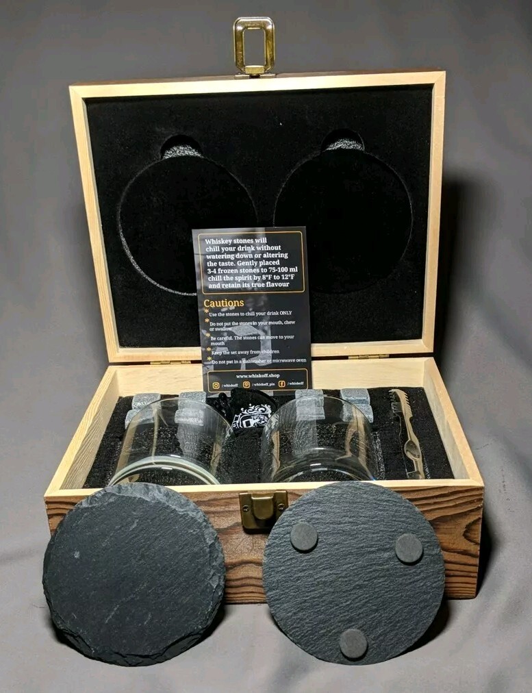 Whiskoff 1918 Whiskey Wooden Box  - Open Never Used With Stone Coasters & Cubes