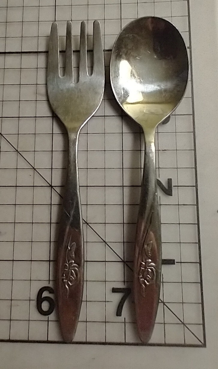 First Years Baby Spoon & Fork Lot Embossed Rose with Japan Set