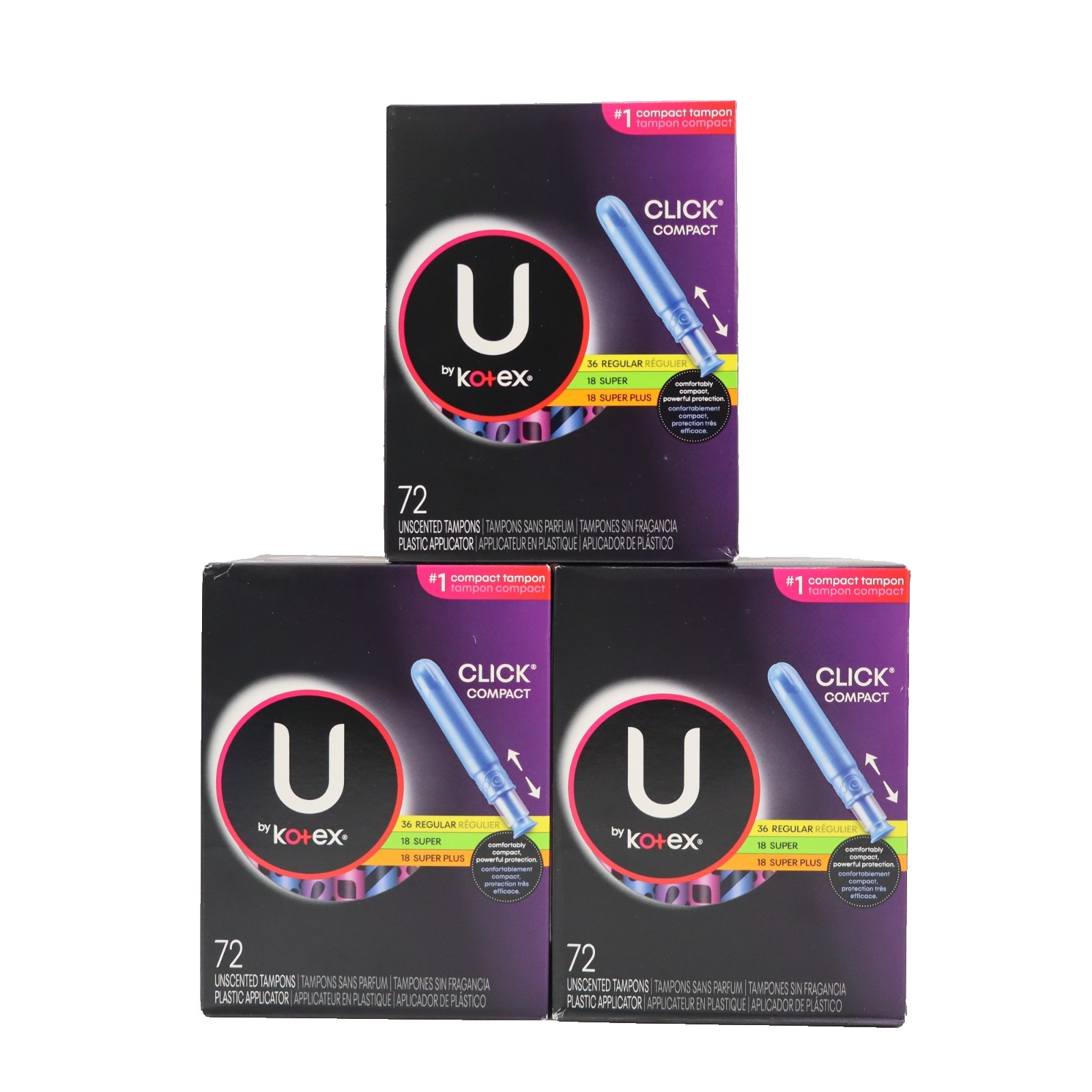 U By Kotex Click Compact Unscented Tampons, Regular/Super/Super Plus, 216ct