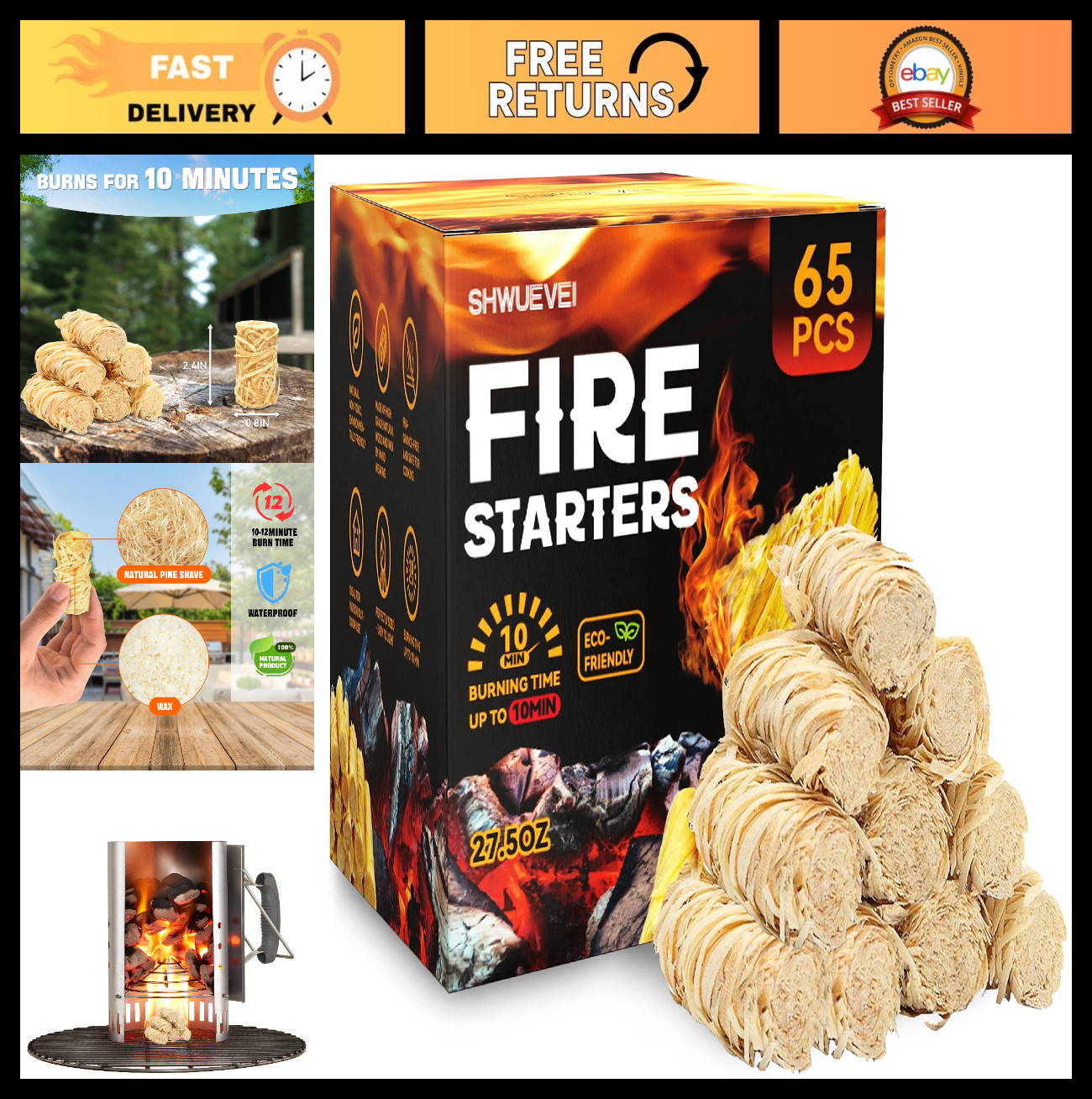 65 pcs Natural Fire Starters for Fireplace, BBQ, Fire Pit, Smoker & Grill