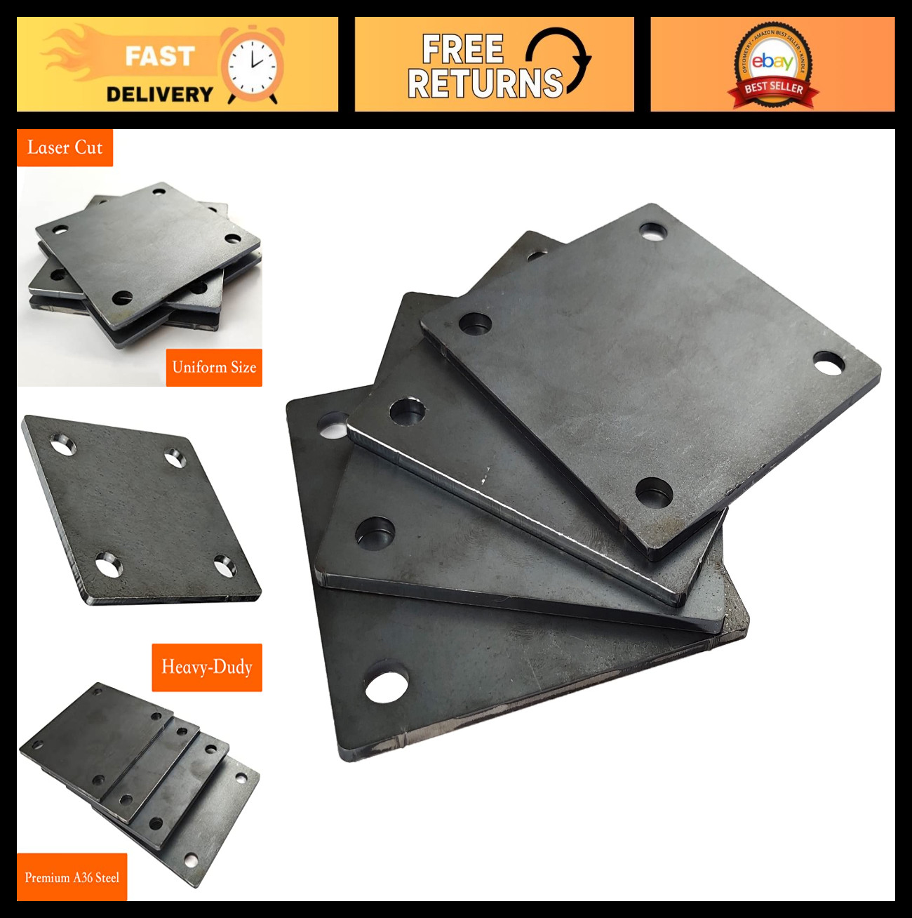 4" Steel Plate with Holes - 4 PCS 9 Gauge A36 Mild Steel, Weldable, Paintable, L