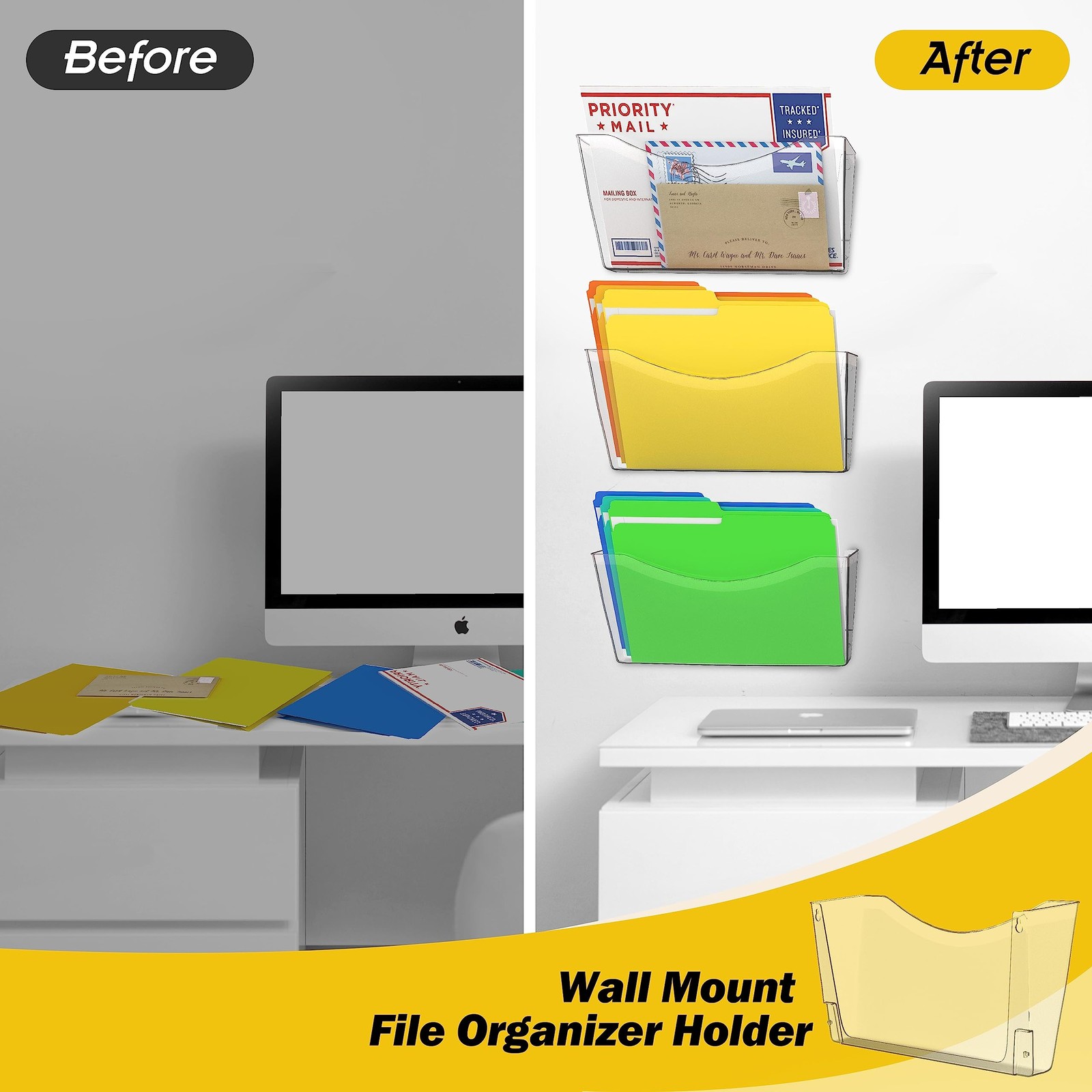 Clear Single Pocket File Holder 3 Pack Hanging Wall Mount Mail Organizer