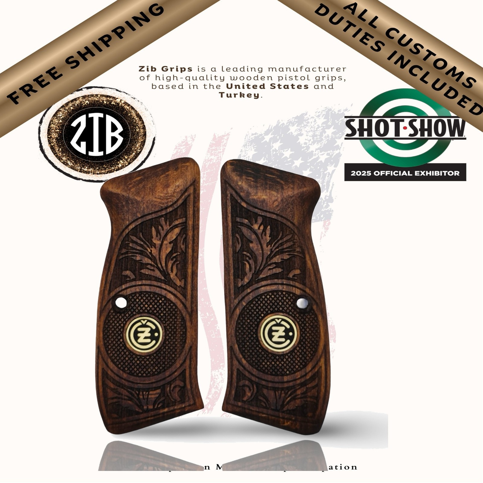 Zib Grips Wooden Series Pistol Grips for CZ 75 SP-01, Metal Medallion Logo