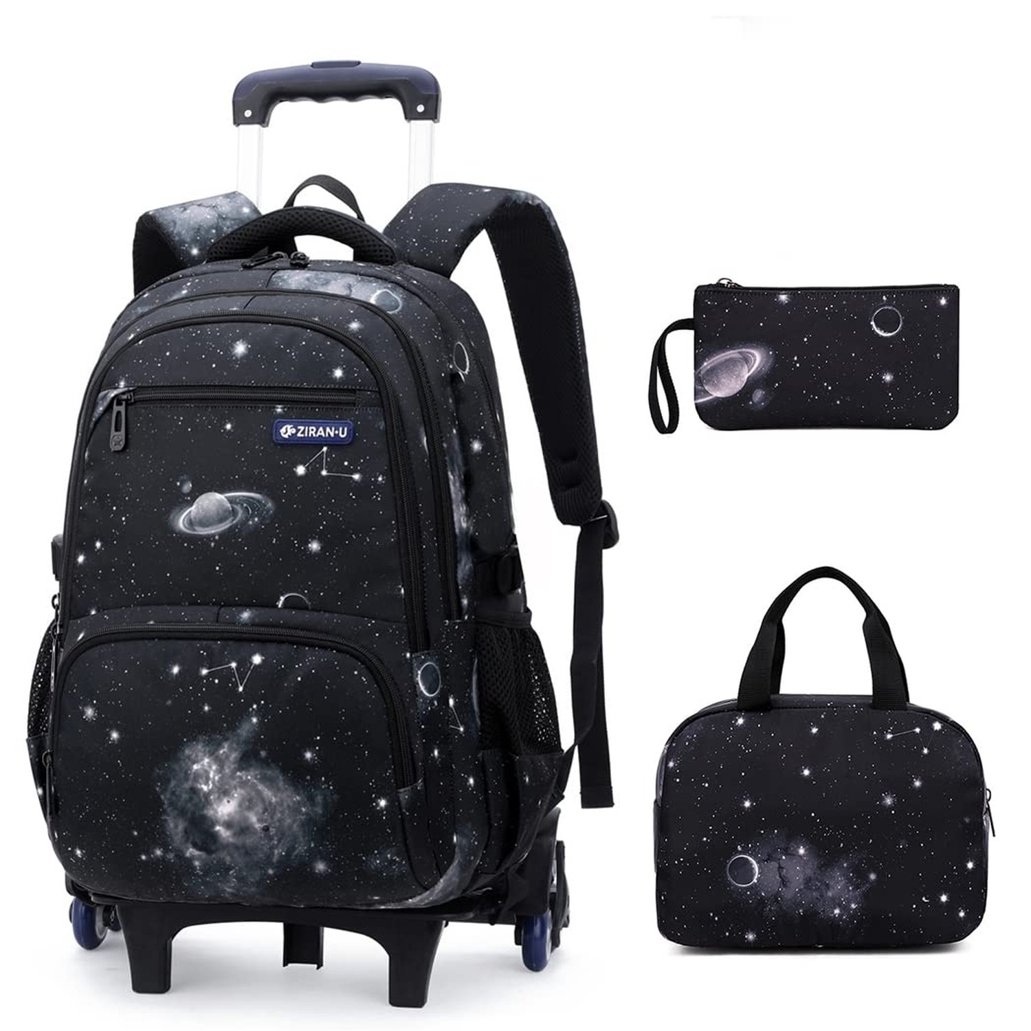 3Pcs Black Galaxy Boys Rolling Backpack Set with Insulated Lunch Bag, Multi-P...