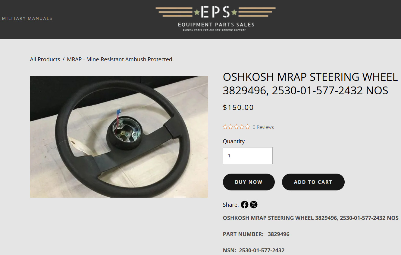 OSHKOSH MRAP STEERING WHEEL 3829496, 2530-01-577-2432 NOS
