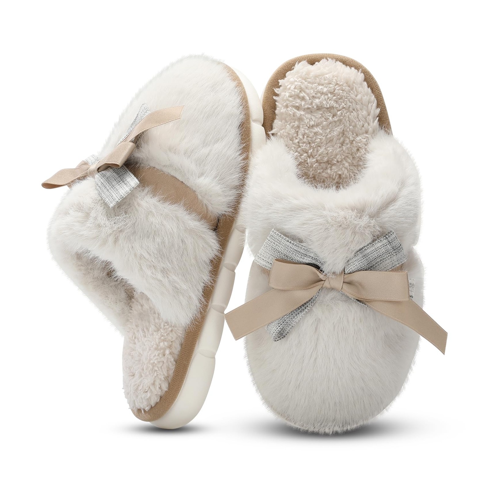 GOEWY Cute Womens Slippers Memory Foam Faux Fur House for 7-8, Beige