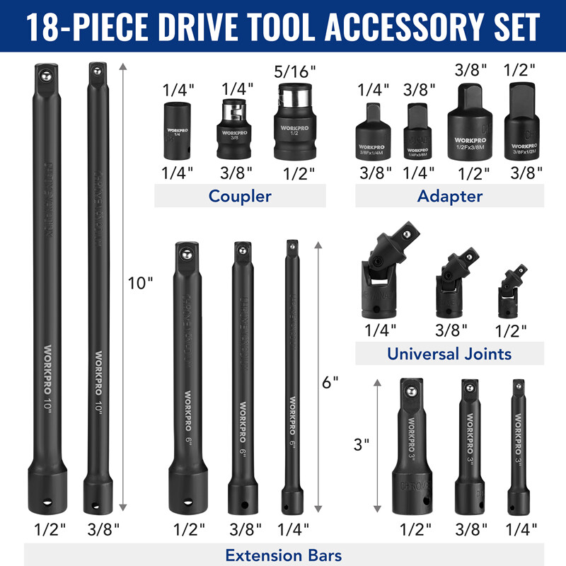 WORKPRO 18PC Drive Tool Accessory Set Socket Adapter Extensions Socket Accessory
