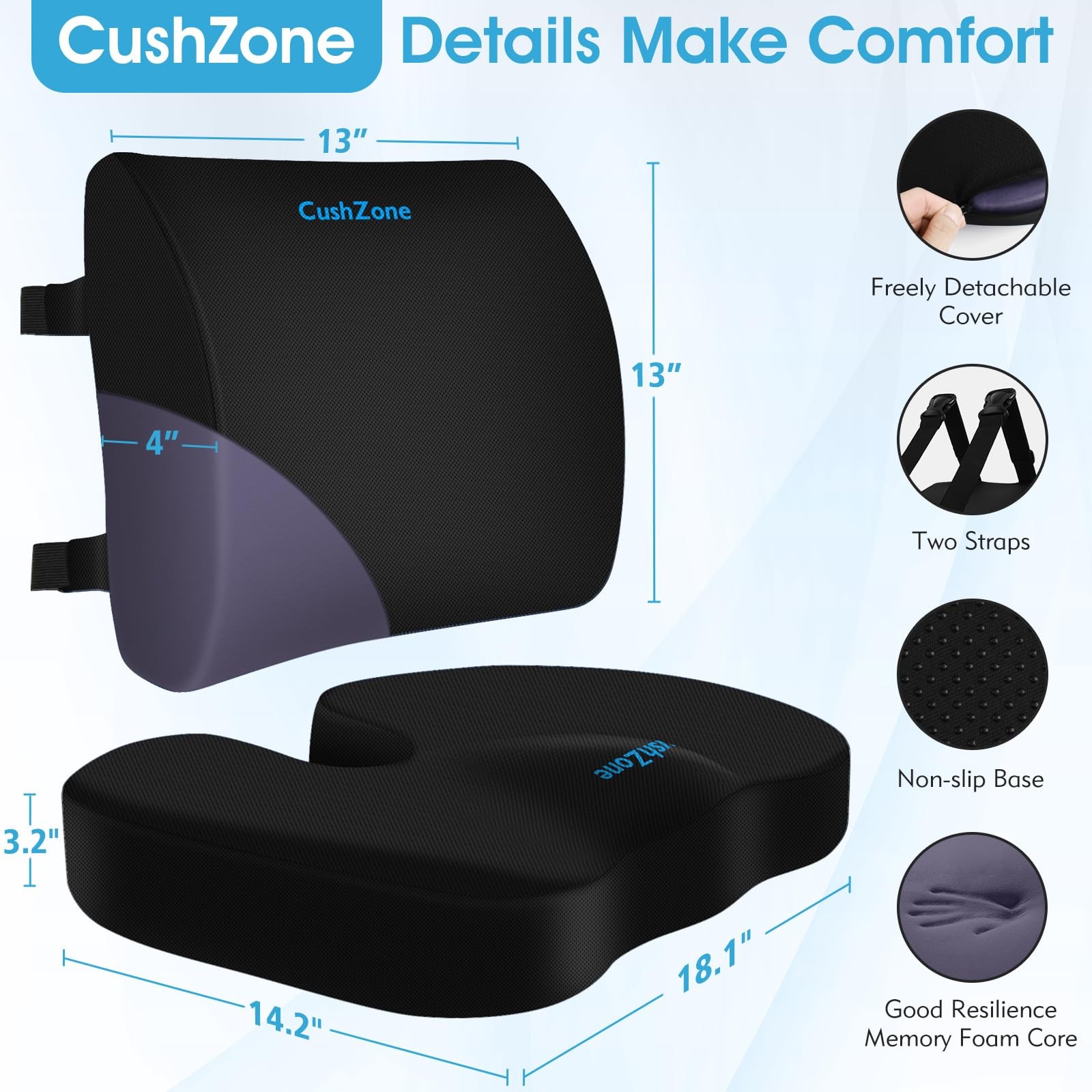 CushZone Seat Cushion, Lumbar Support Pillow with Adjustable Large, Black