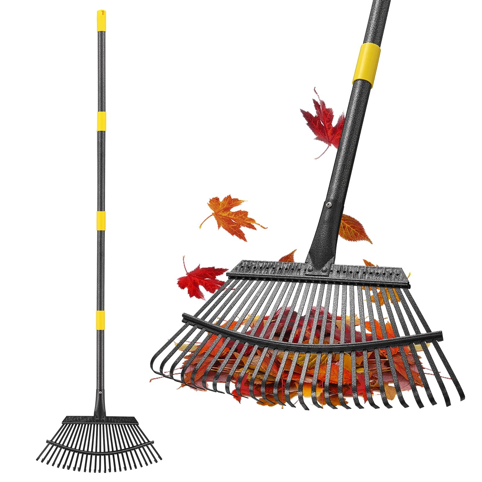 Heavy Duty Leaf Rake, 65 Inch Long Handle, 18.5” Wide, 25 Tines for Quick