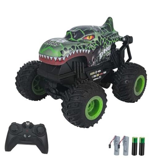 Remote Control Monster Truck – 2.4GHz RC Car with Lights and Dinosaur Green