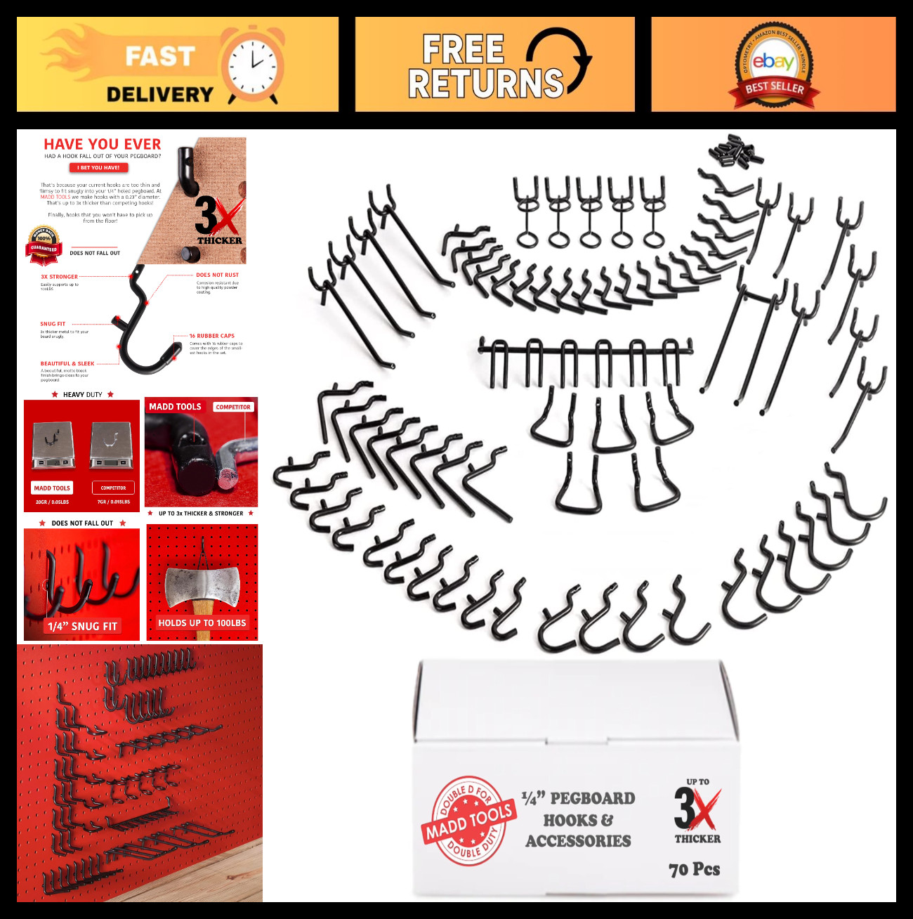 Extra Thick 1/4'' Black Pegboard Hooks - 70 Piece Set for Tool Organization & St