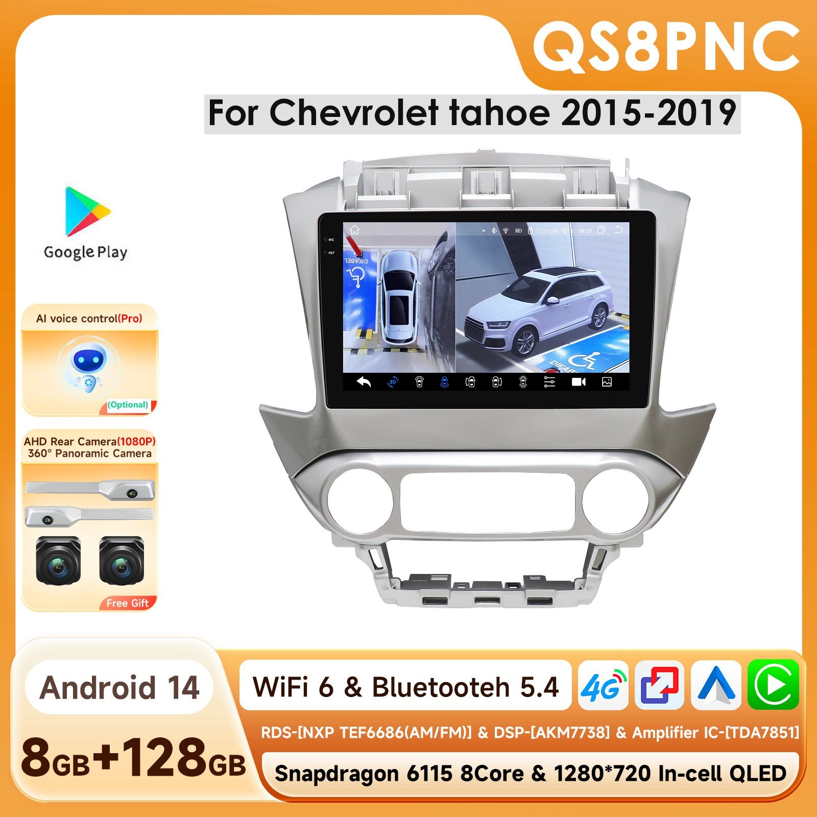 For Chevrolet tahoe 2015-2019 Car Radio GPS Carplay BT5.4 Android 8+128GB+360cam