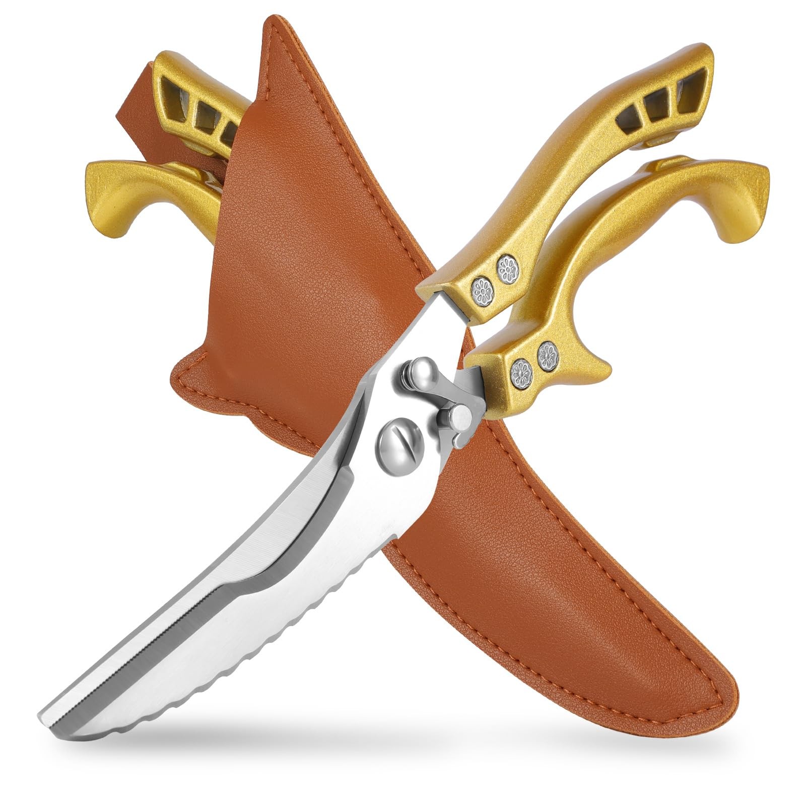 Heavy Duty Kitchen Poultry Shears Serrated Edge Spring Loaded Scissors Gold
