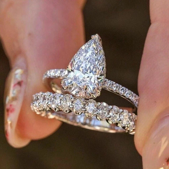 2.00Ct Pear Cut Moissanite Engagement Bridal Ring Set 14K White Gold Plated