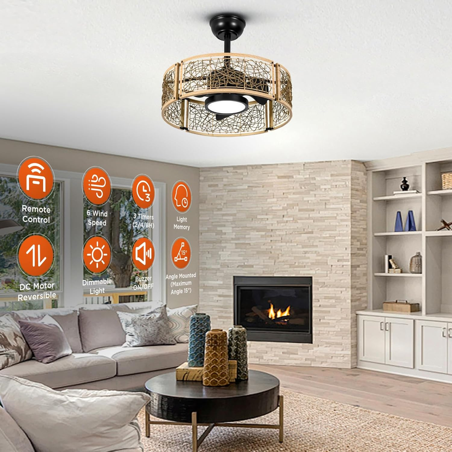 20" Oak Finish Caged Ceiling Fan with Dimmable LED Lights & Remote Control