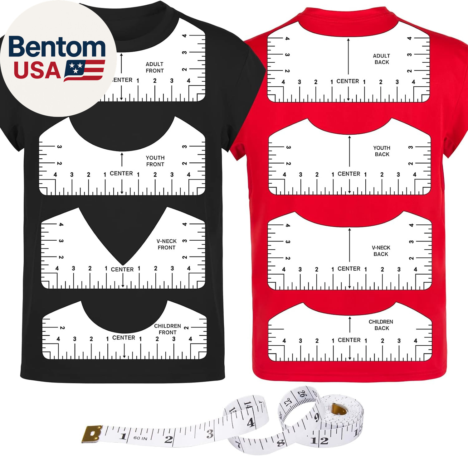 9Pcs Tshirt-Ruler Guide to Center Vinyl, Transparent V-Neck/Round PVC Ruler for