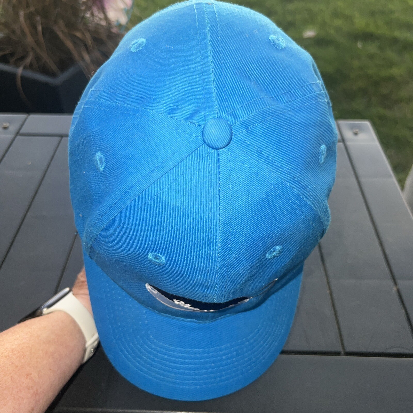 Unsalted Outfitters Fishing on a Lure Bright Blue Hat Cap Hook Loop EUC