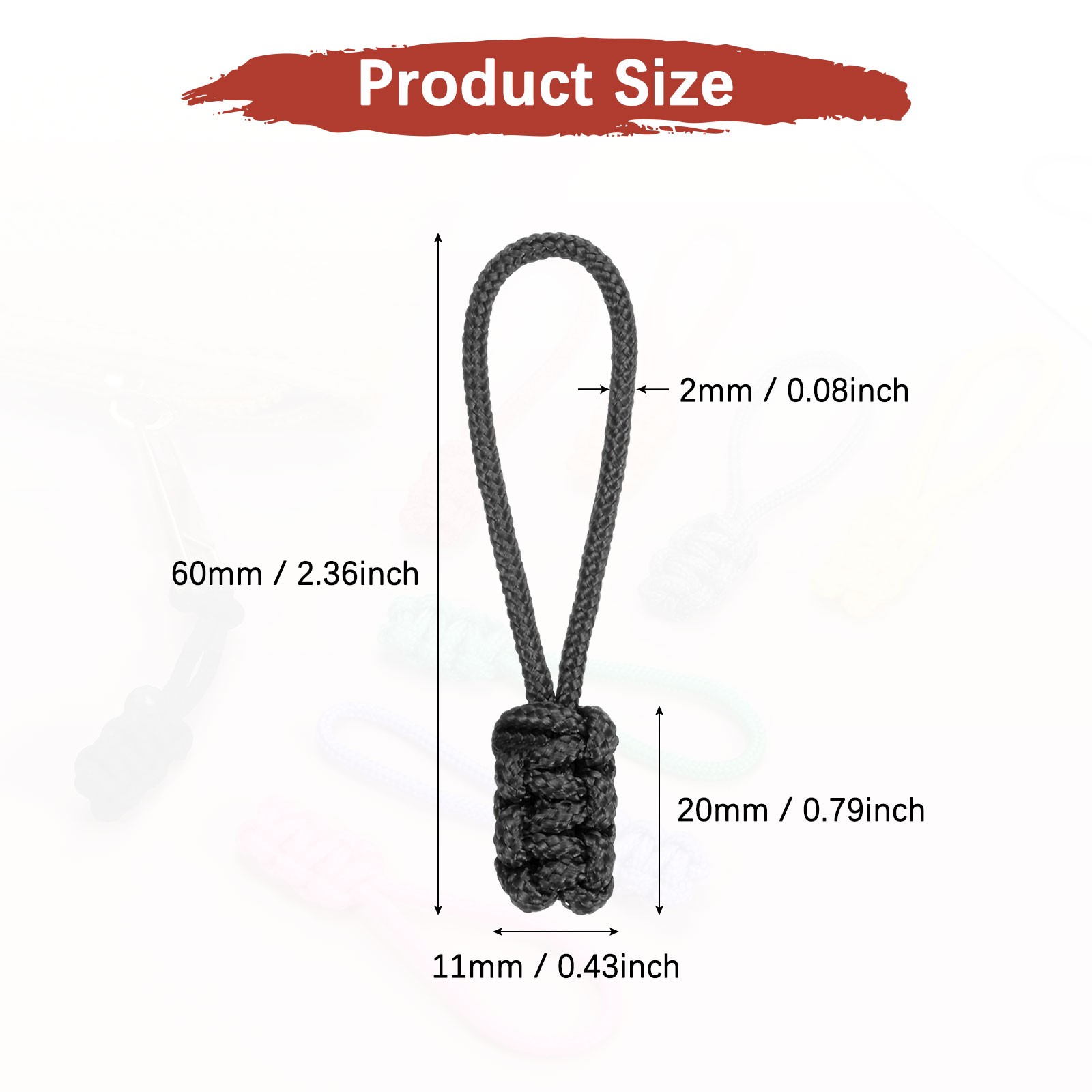 Zipper Pull Replacement [6PCS] - Extender Woven Rope Zipper Heads - [Black]