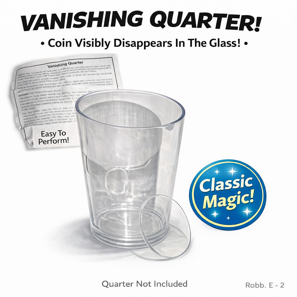 VANISHING QUARTER Close Up Magic Trick Disappears Coin Plastic Water Shot Glass