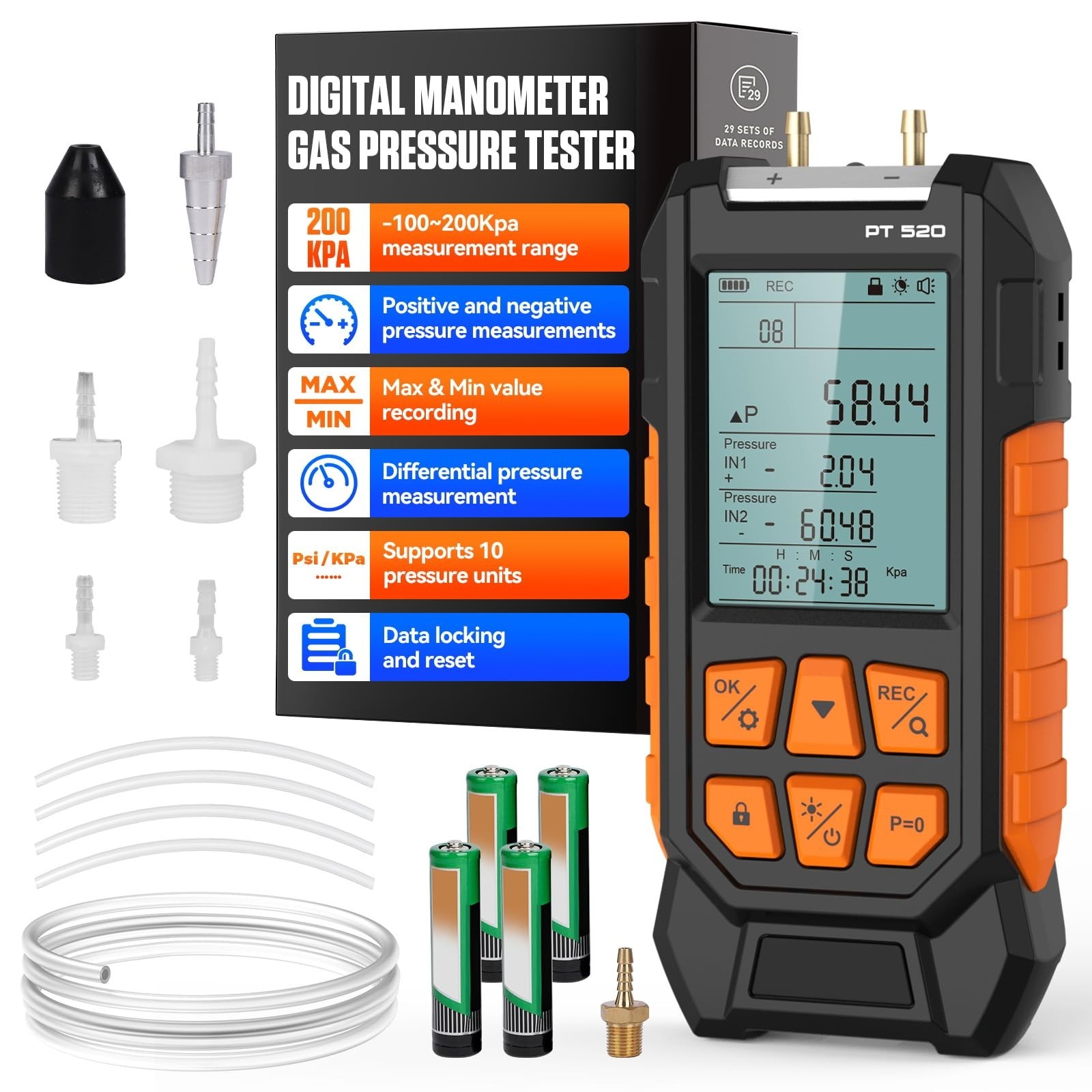 Manometer Gas Pressure Tester -100 to 200Kpa Dual-Port Digital Manometer 10 M...