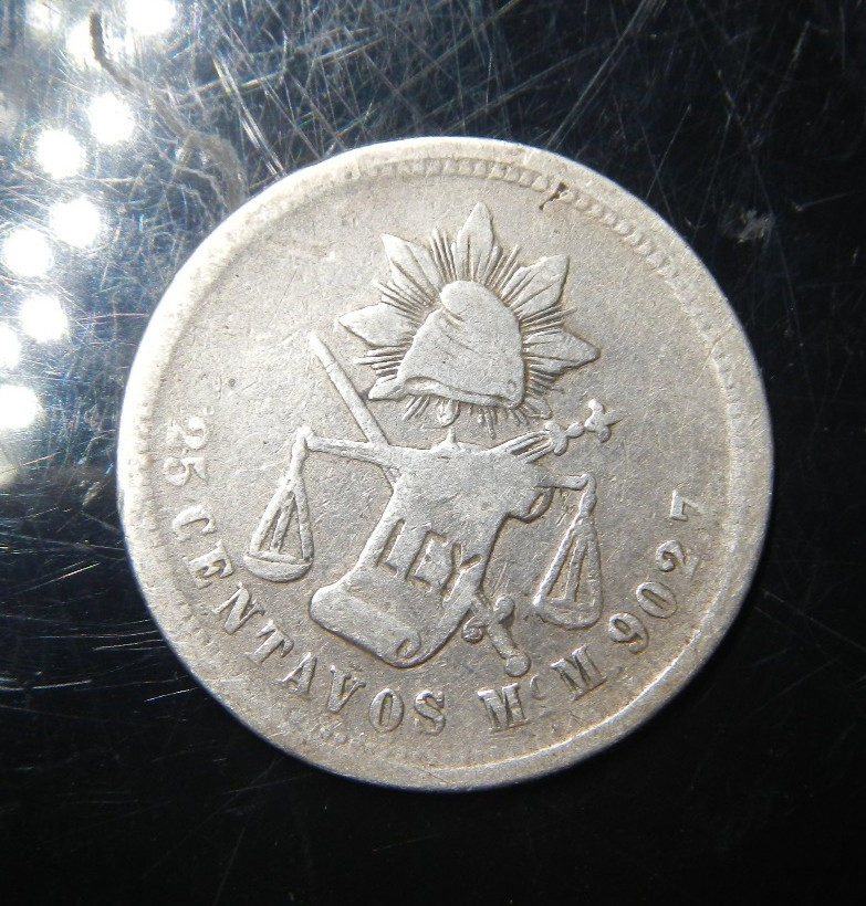 1873 MEXICO Mo M SILVER RARE KEY DATE F 25 CENTAVOS CAP AND RAYS SCALES COIN