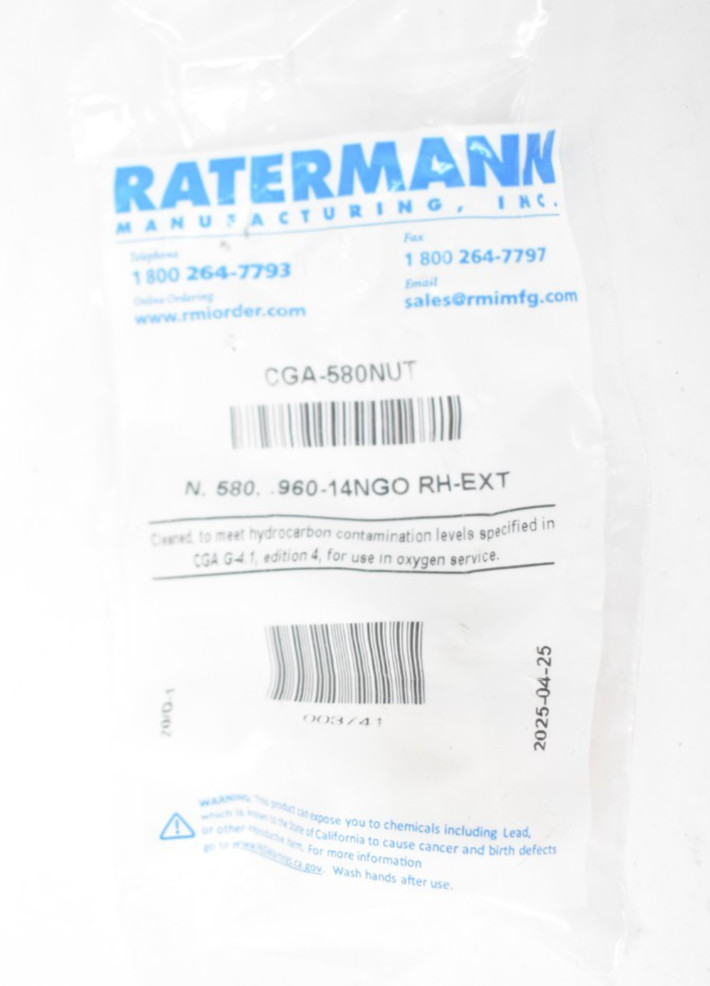 Ratermann CGA-580NUT .960-14NGO RH-EXT Regulator Inlet Nut Argon/Helium