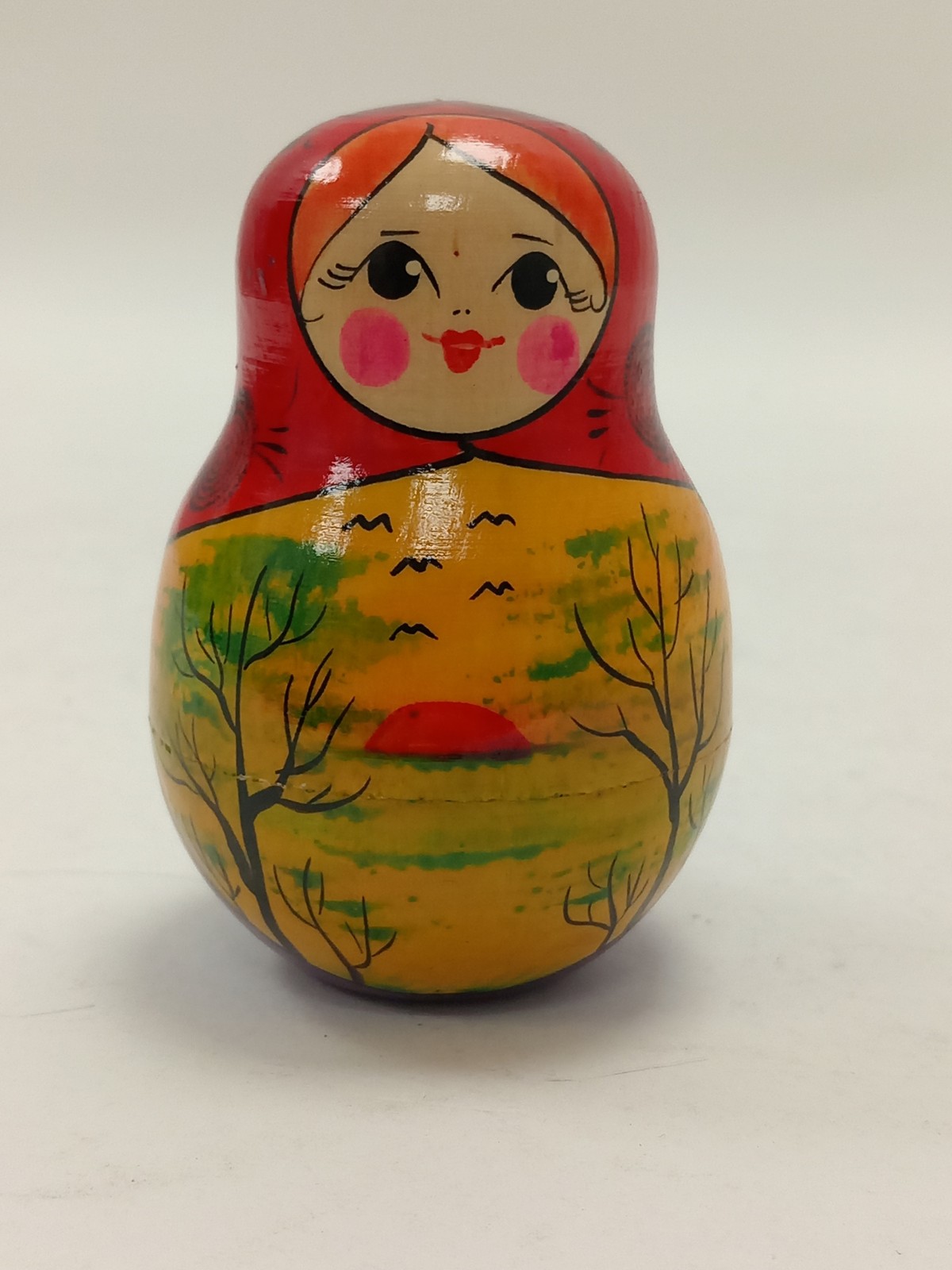 Hand Painted Wooden Russian Matryoshka Doll Sunset Design With Bell Sound Weeble