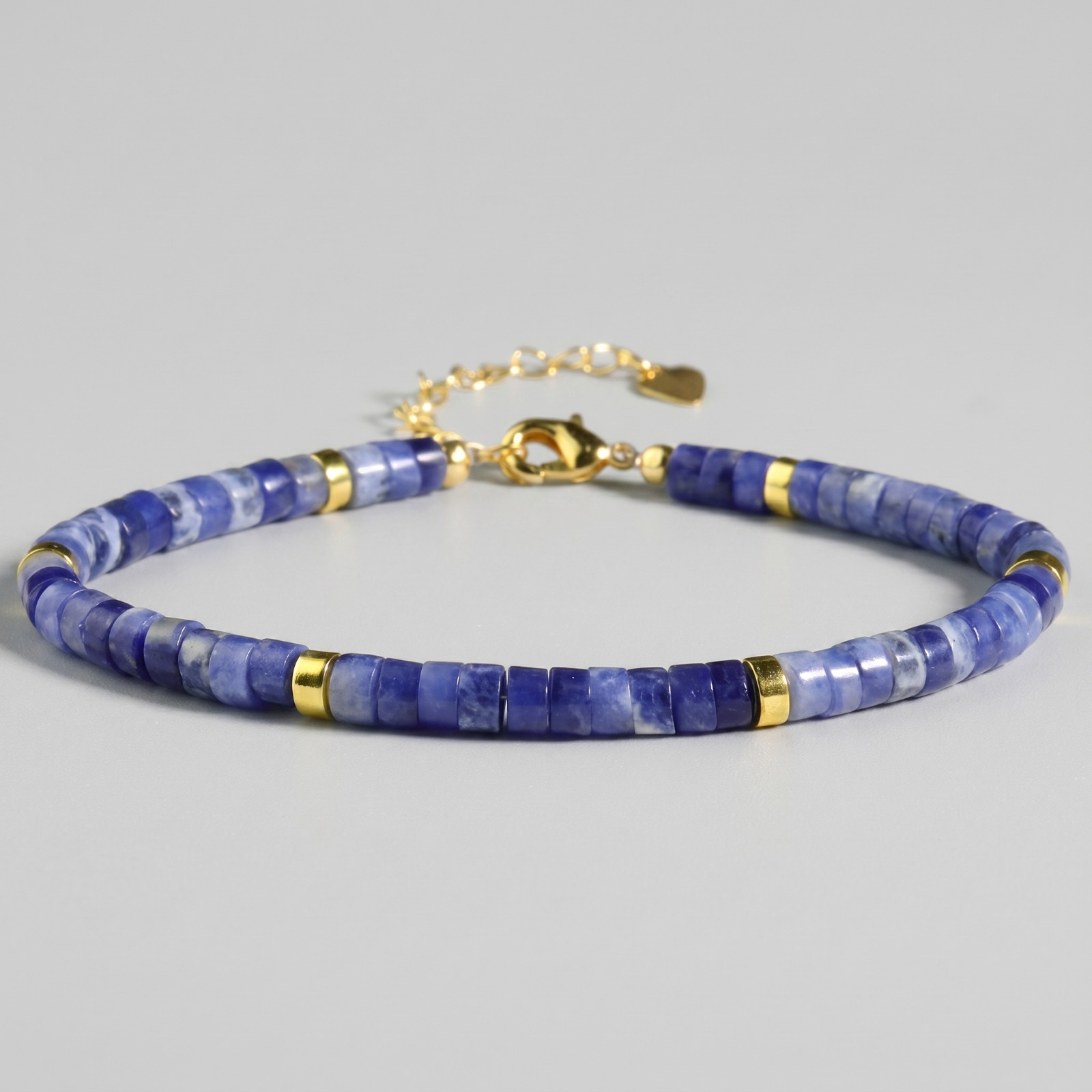 Natural Sodalite Heishi Bead Bracelet Adjustable Gold Plated Calming Healing