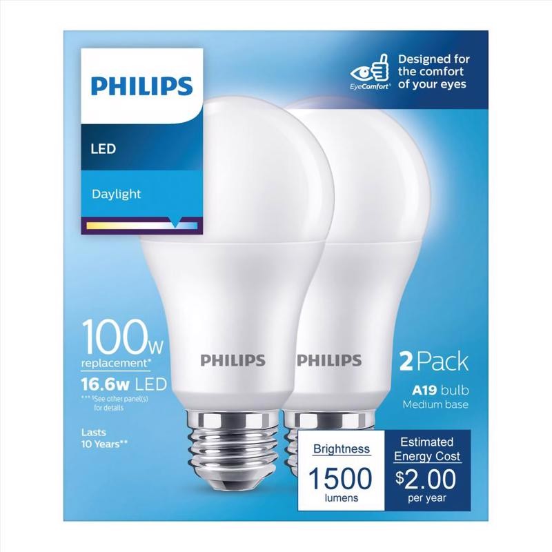 Philips 554600 Daylight 100W Equivalence A19 E26 Base 1500 lm. 120V LED Bulb