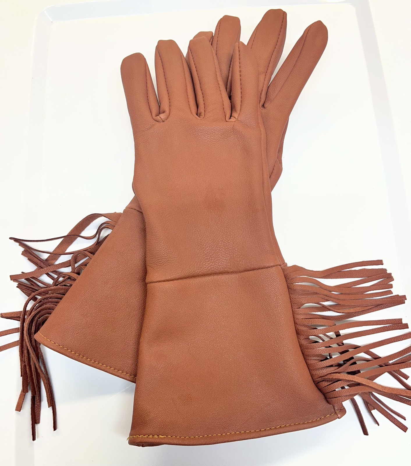 Tobacco Brown Goatskin Fringe Gauntlet Gloves - Size MEDIUM  - Unisex
