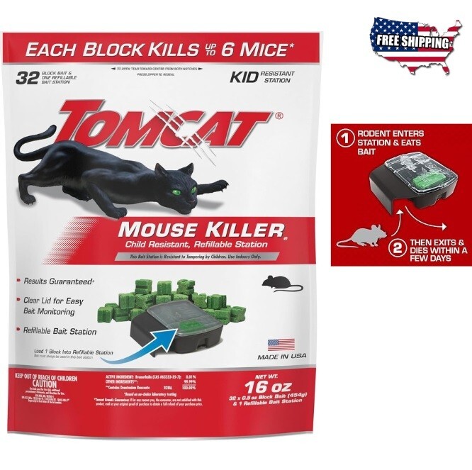 Refillable Mouse Bait Station - Indoor Rodent Control, 1 Station ,32 Baits - New