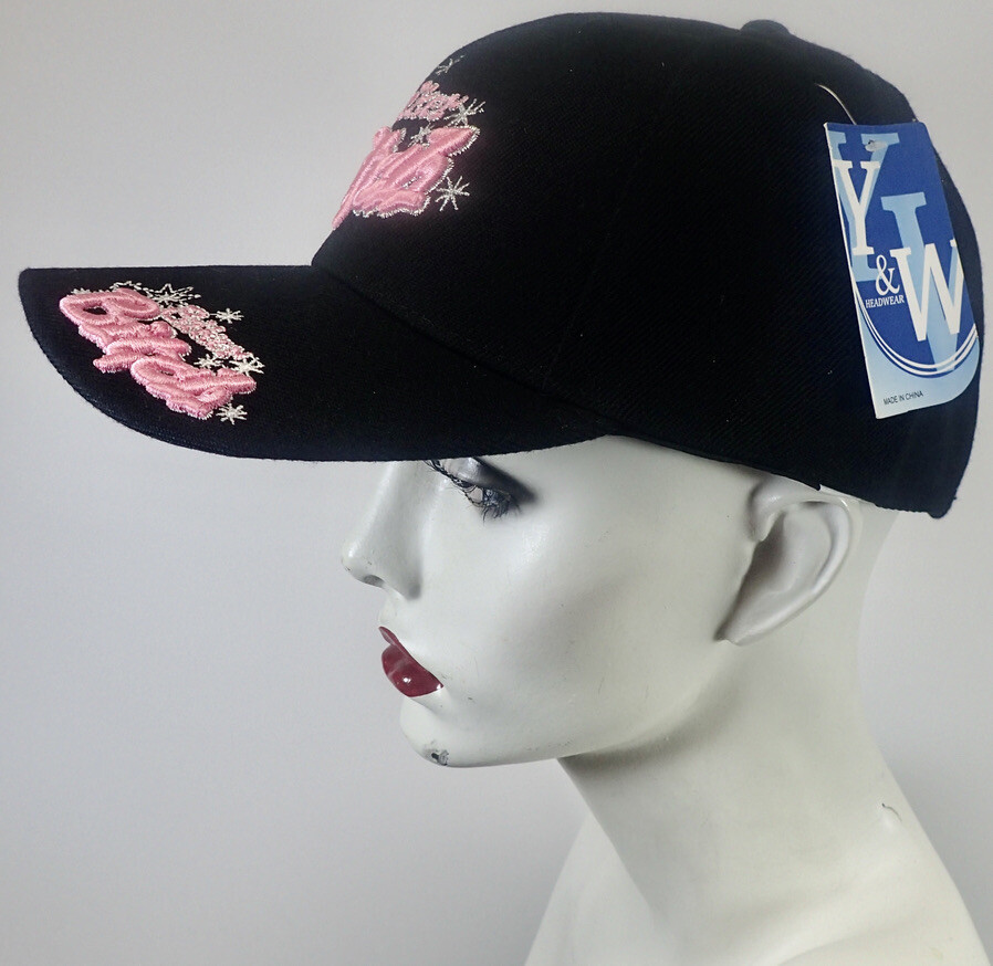 "BIKER BITCH"  Motorcycle Ladies BASEBALL CAP HAT Black w/ Pink Embroidery