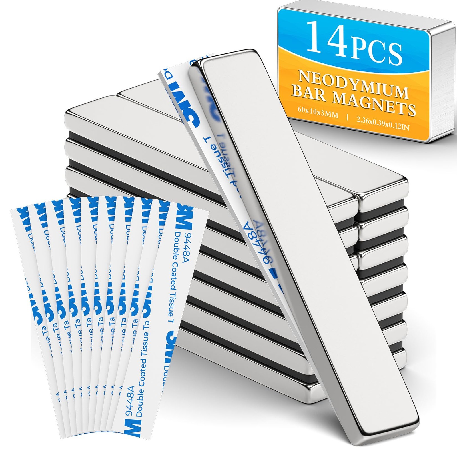 14 Pack Powerful Neodymium Bar Magnets, 60 x 10 x 3 mm Rare Earth Magnet