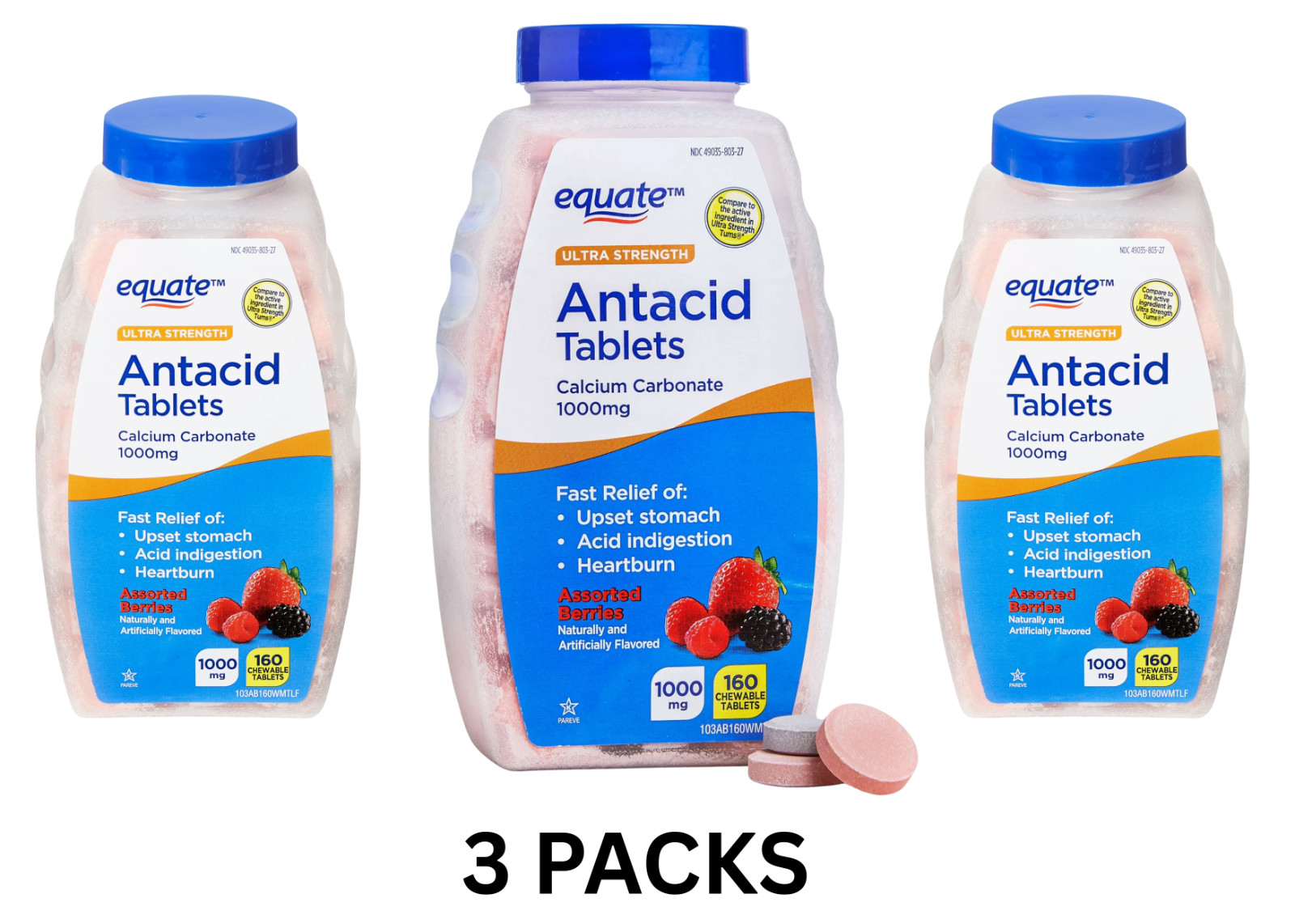Equate Ultra-Strength Antacid Tablets, 1000 mg, Assorted Berries, 160 CT x 3 PK