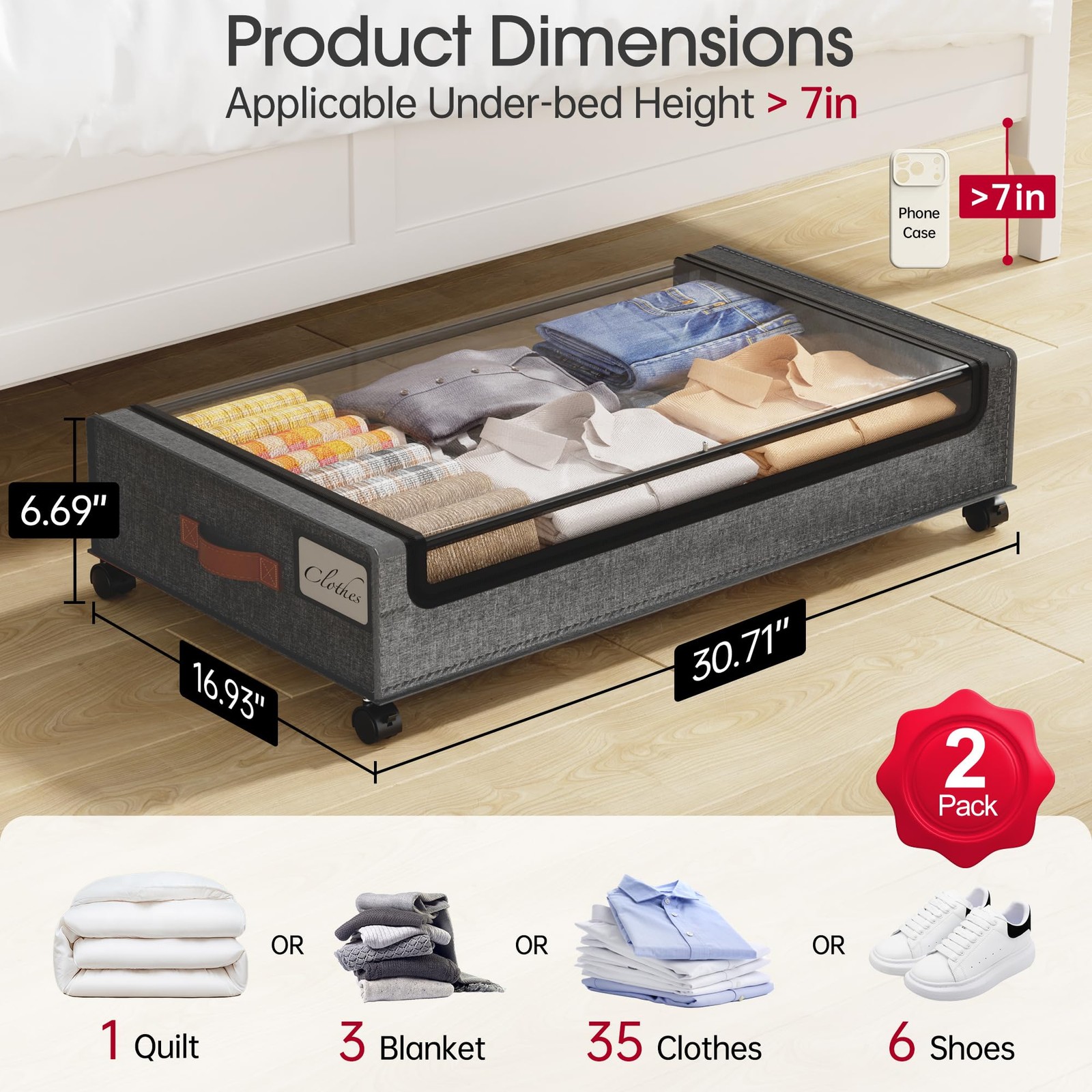 Under Bed Storage with Wheels, 2Pack Large(2pack), Grey