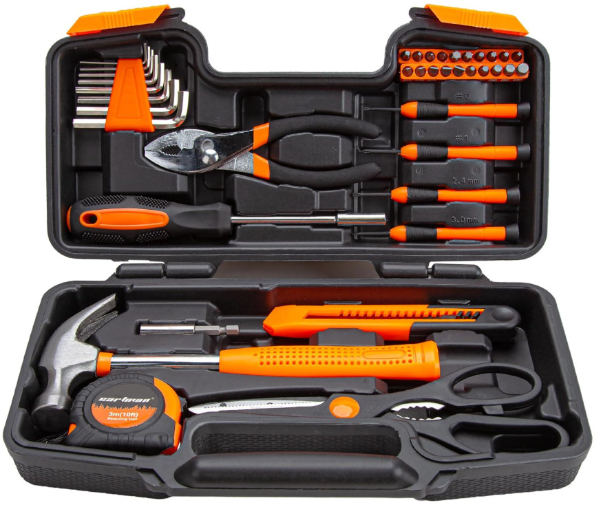 Juego herramientas hogar 39 piezas con maletín plástico almacenamiento naranja