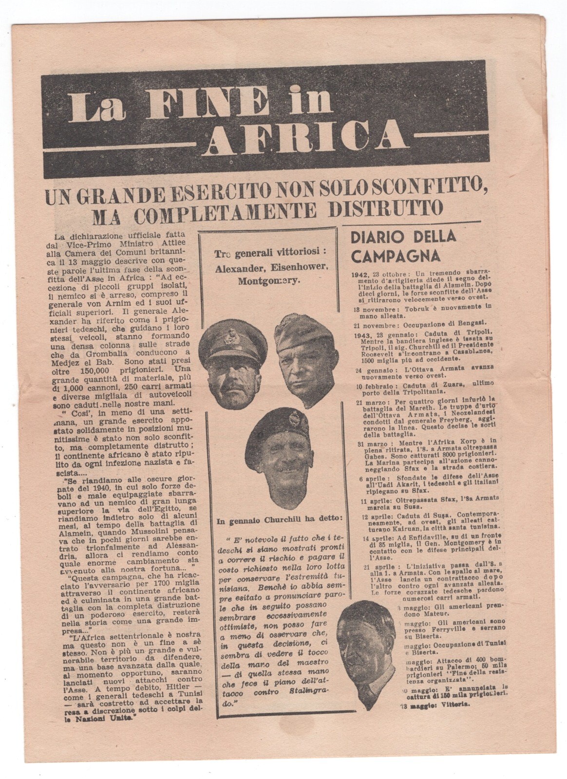 ORIGINAL WW II PROPAGANDA LEAFLET DROPPED ON ITALY " THE END IN AFRICA "