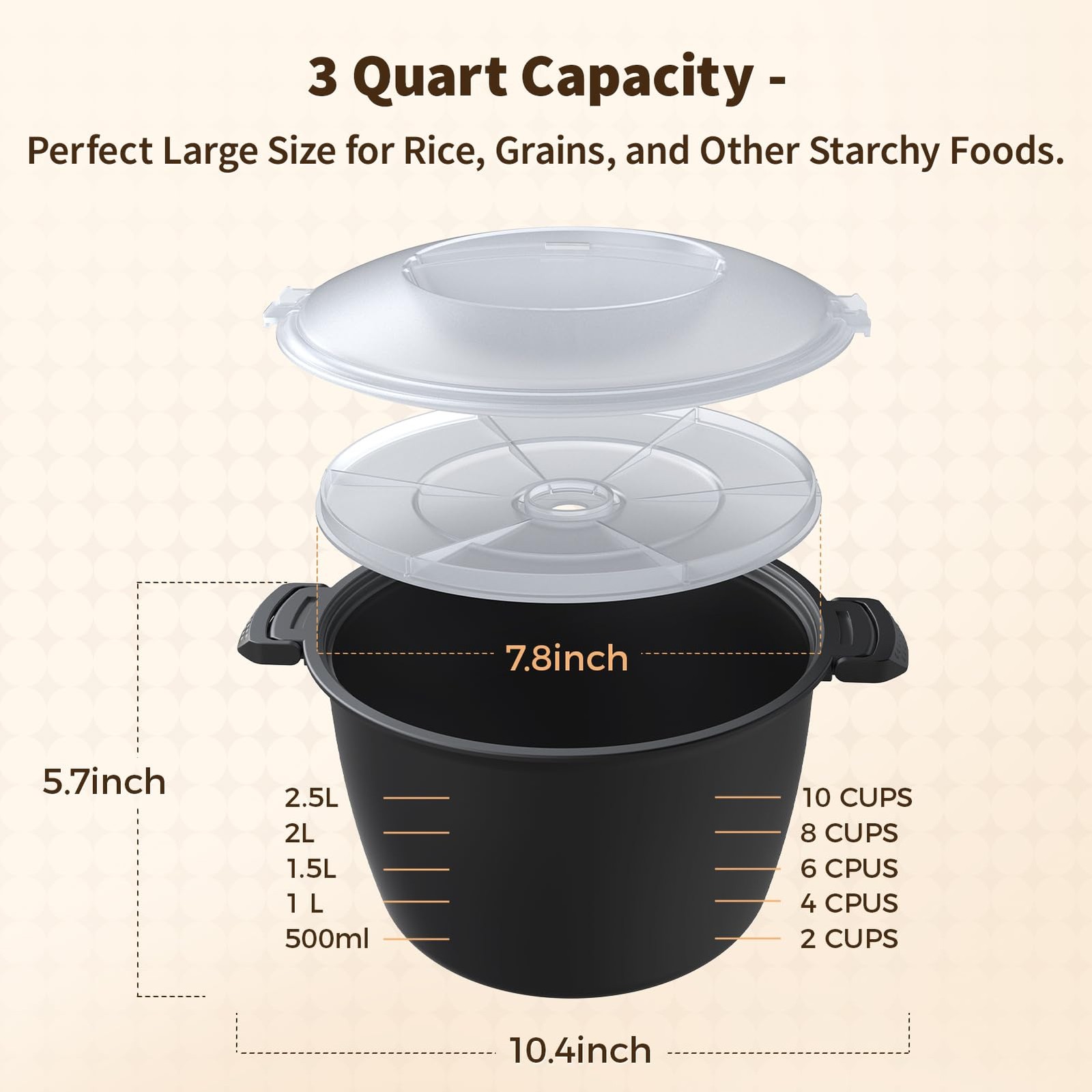 Professional Large Micro Cookware 3 Quart, Microwave Rice Cooker, black