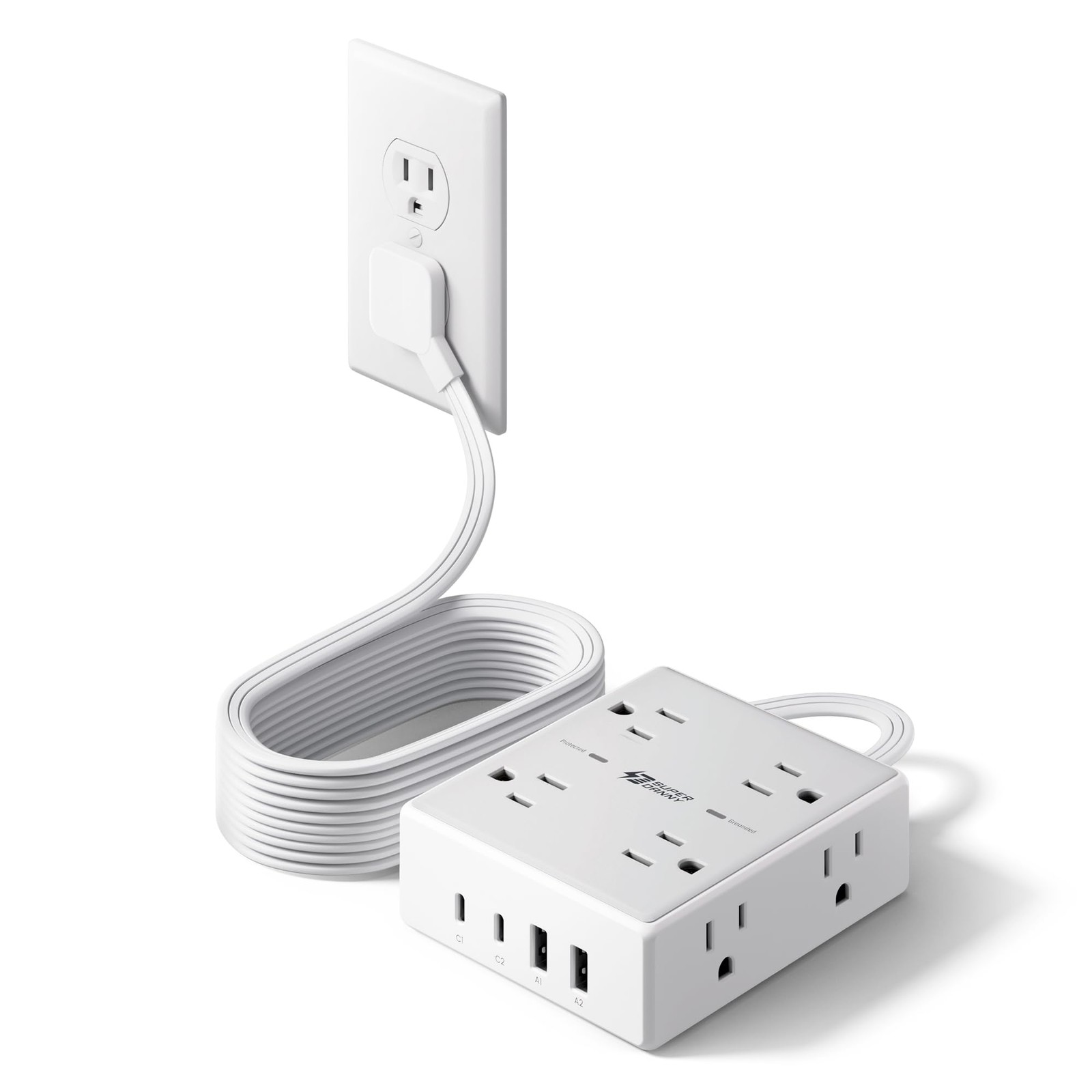 10Ft Extension Cord with Multiple Outlets, 10FT-15W Standard Charge, White