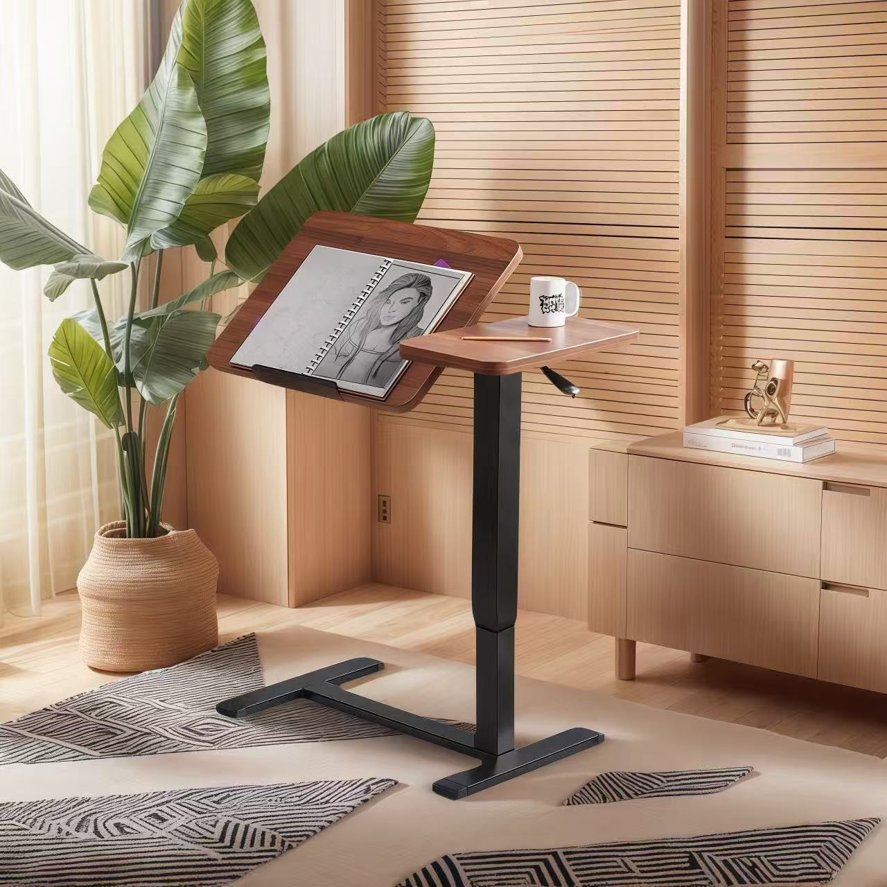 Overbed Bedside Desk, Adjustable Rolling Laptop Stand Tray Table, Walnut