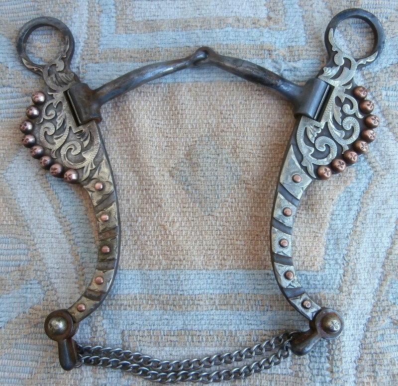 Shank Snaffle Iron Horse Bit Silver Scroll Design Copper Dots Lip Chains