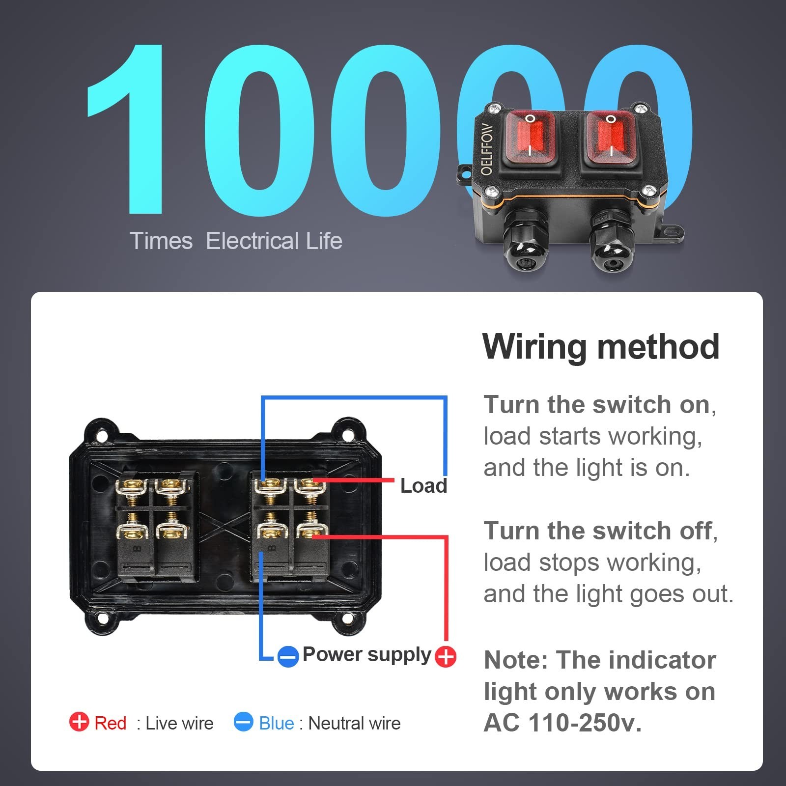 Waterproof Double Toggle Switch with Red Light Rocker Button - DPST AC/DC 20A-12