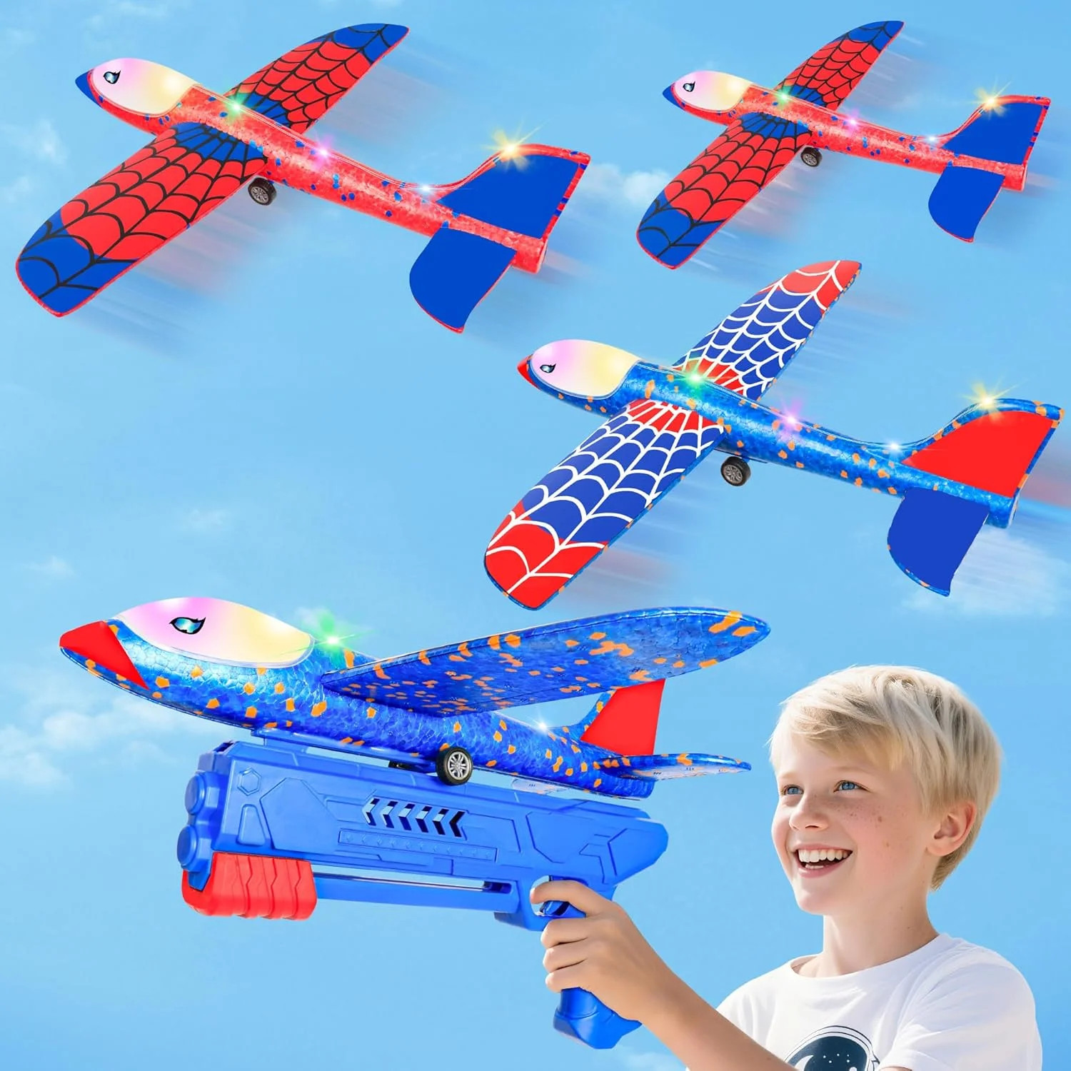 Airplane Launcher Toy for Kids, 3 Pack Spider Foam Gliders Air Planes with Led,