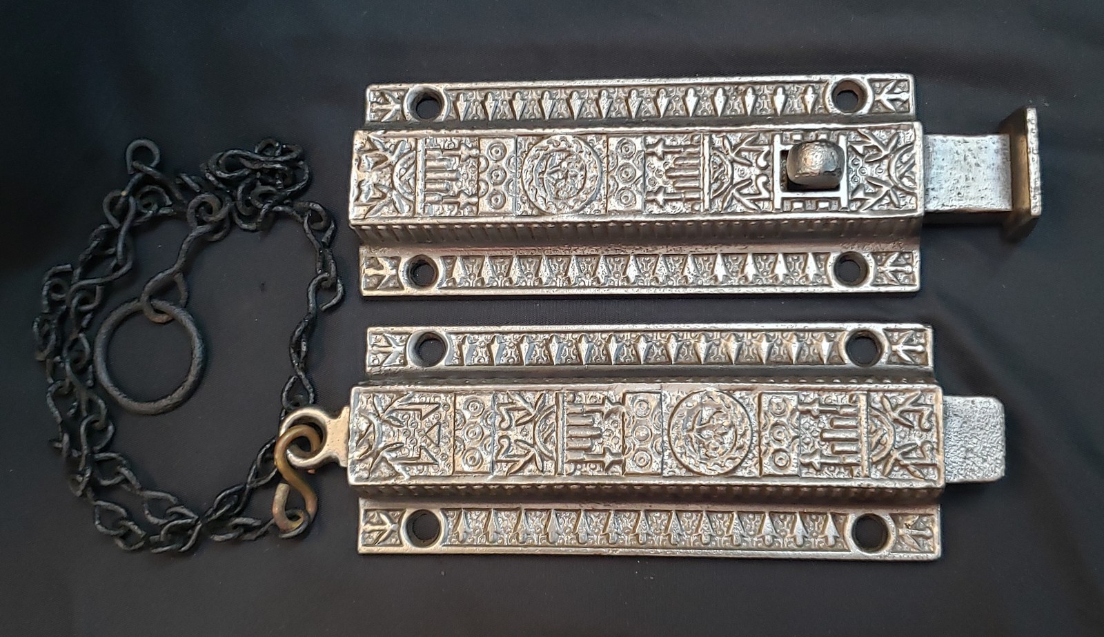 Restored Victorian Eastlake Spring Loaded Double Door Bolt Lock Set GS01054
