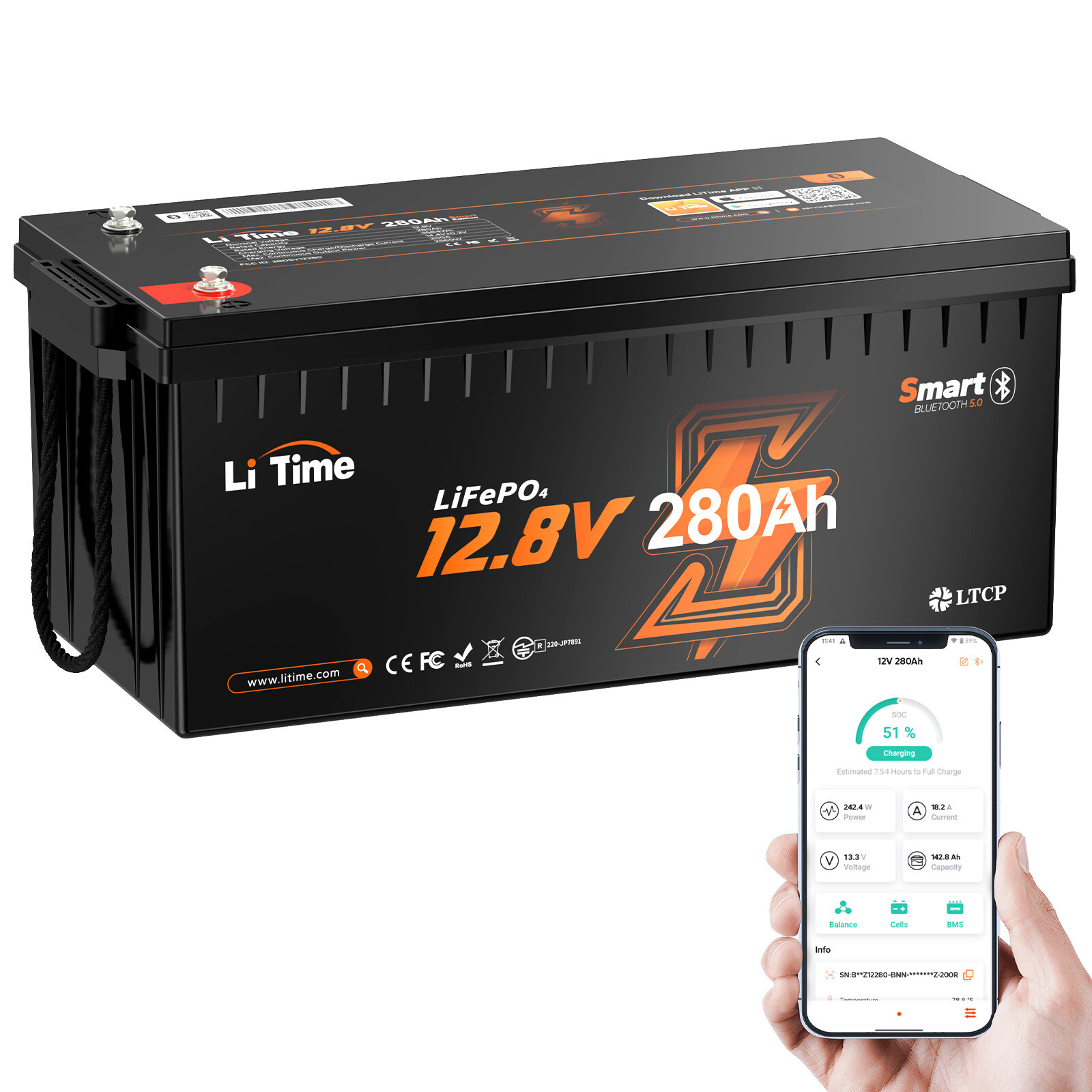 LiTime 12V 280Ah Bluetooth LiFePO4 Lithium Battery For RV Solar Boat-Refurbished