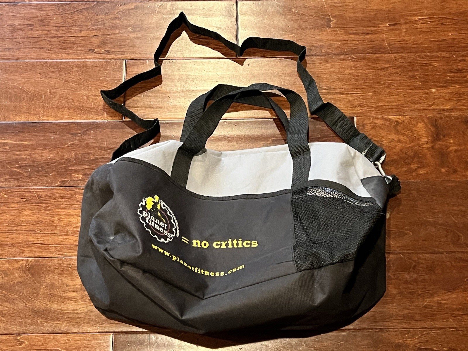 Planet Fitness Black Gray 18 x 8.5 No Critics You Belo Shoulder Strap Duffle Bag
