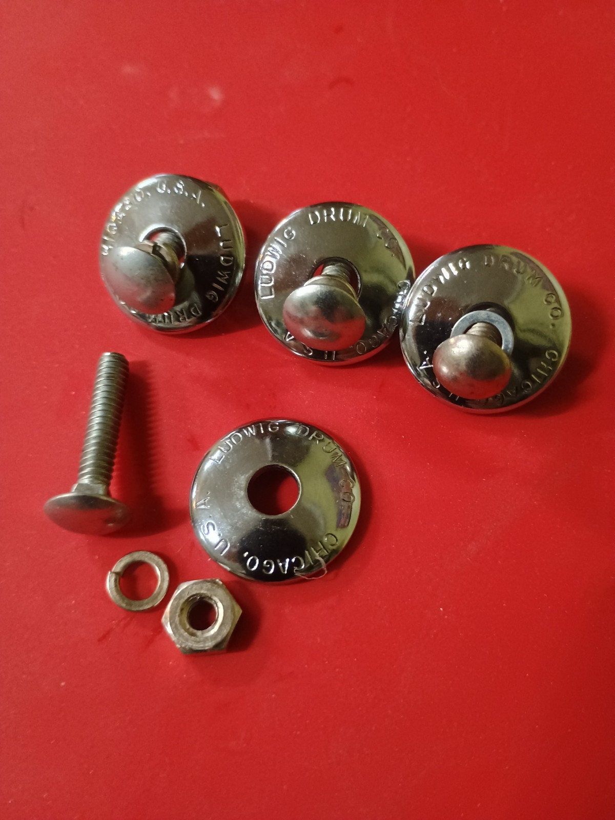 (4) VINTAGE LUDWIG CARRIAGE BOLT ASSEMBLY LOGO WASHER BASS DRUM POST MOUNT-MINT