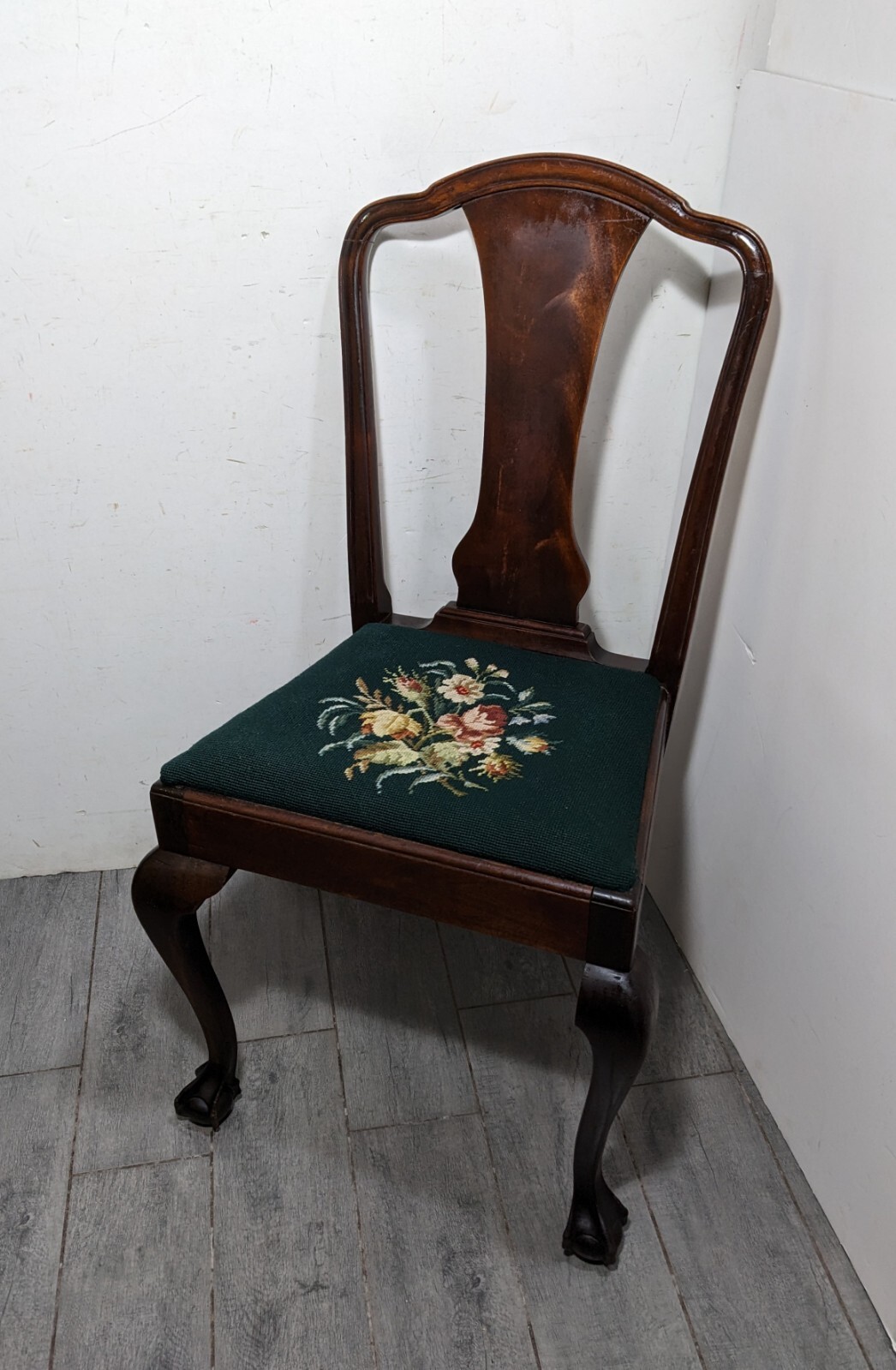 Vintage English Needlepoint Queen Anne Wood Dining Chair Ball & Claw Feet