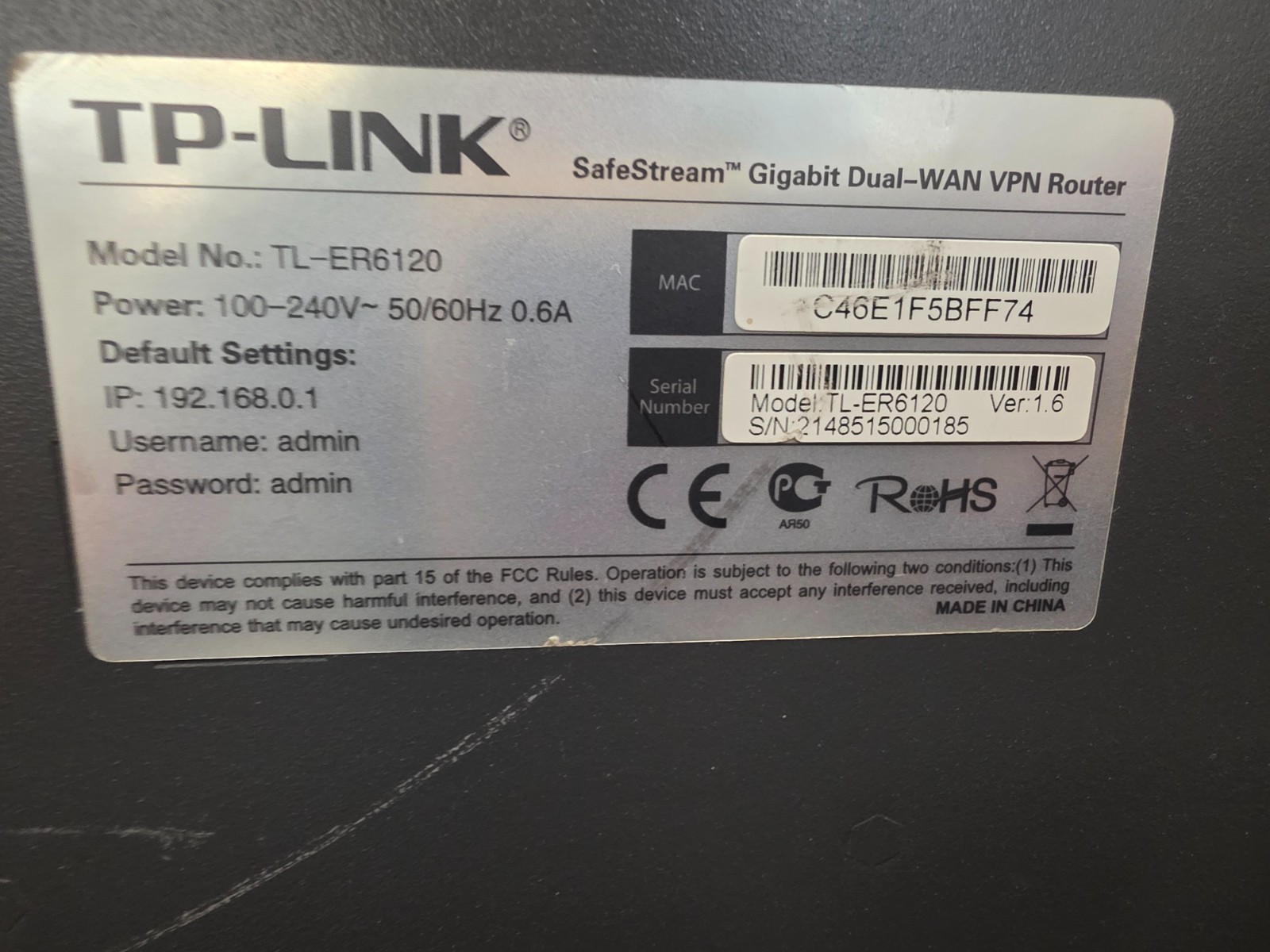 TP-Link TL-ER6120 Dual WAN Gigabit VPN Router Pulled From Working Environment